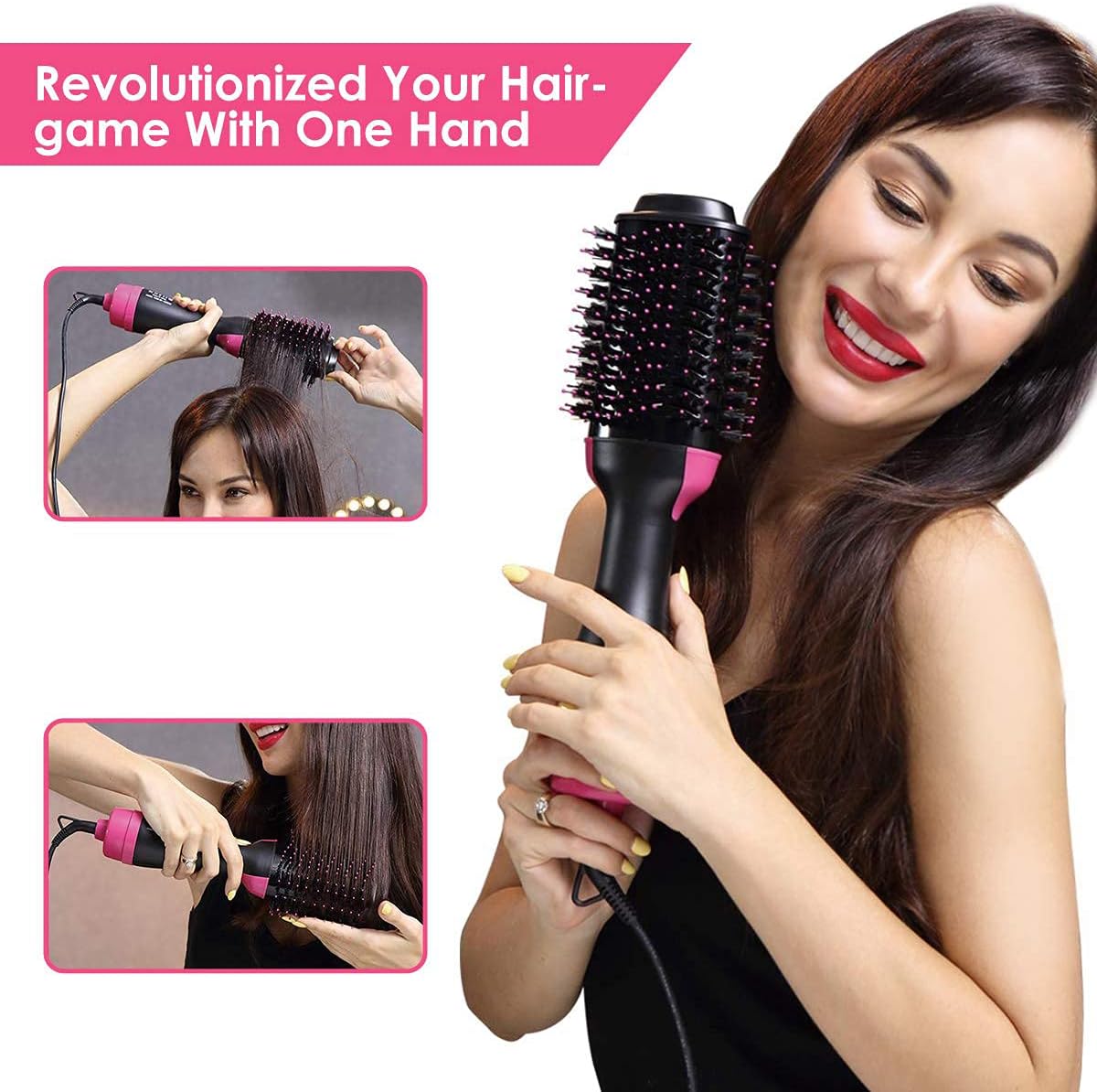"Cepillo Secador 3 en 1 con Iones Negativos - Secado, Alisado y Volumen - Negro Rosa"