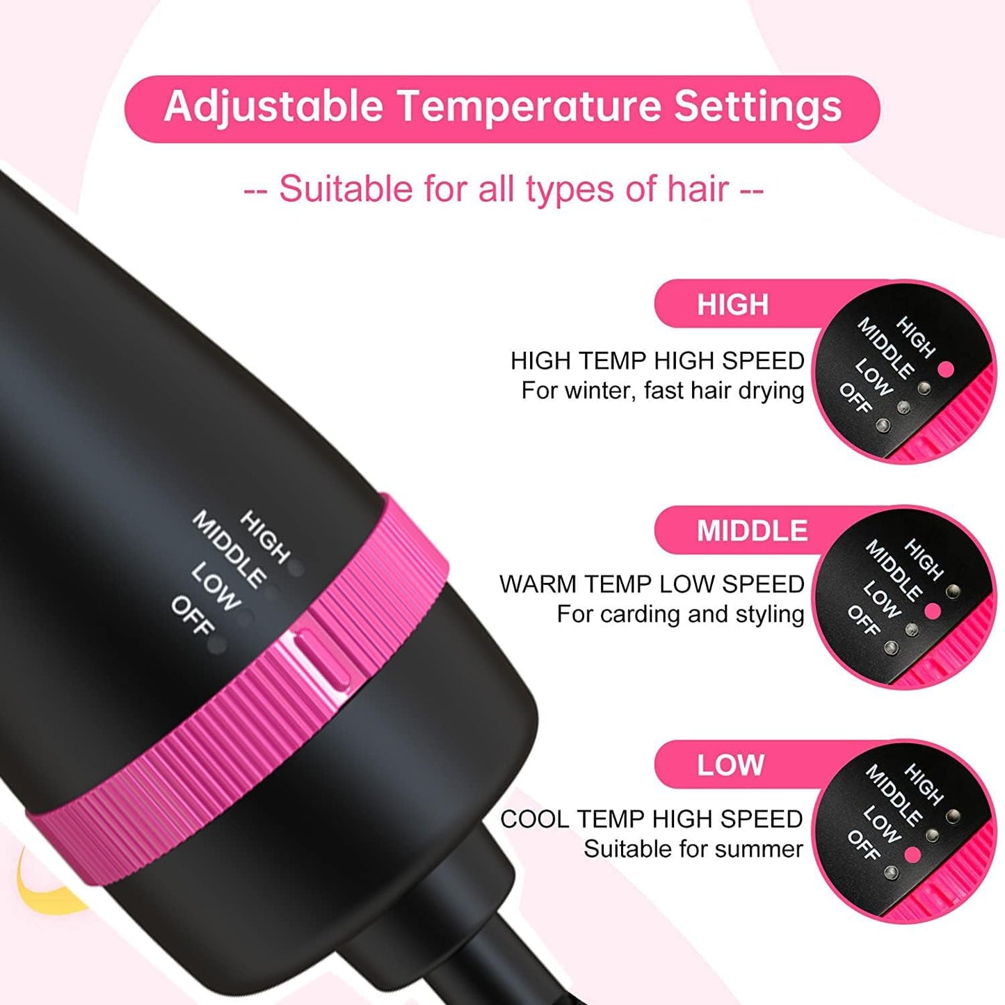 "Cepillo Secador 3 en 1 con Iones Negativos - Secado, Alisado y Volumen - Negro Rosa"